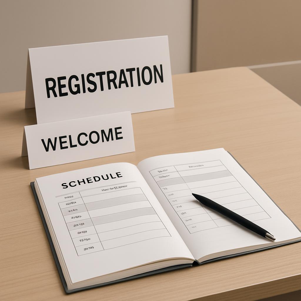 Un table radiant accueille les participants en rassemblant les inscriptions, les carnets et les piques de registration.
